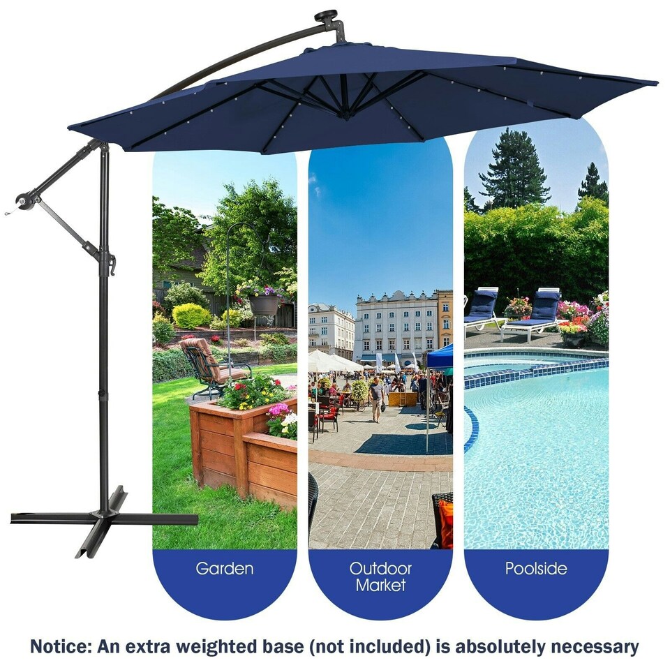 image 1 of COSTWAY 10FT Cantilever Parasol Patio Offset Umbrella LED Lights Blue