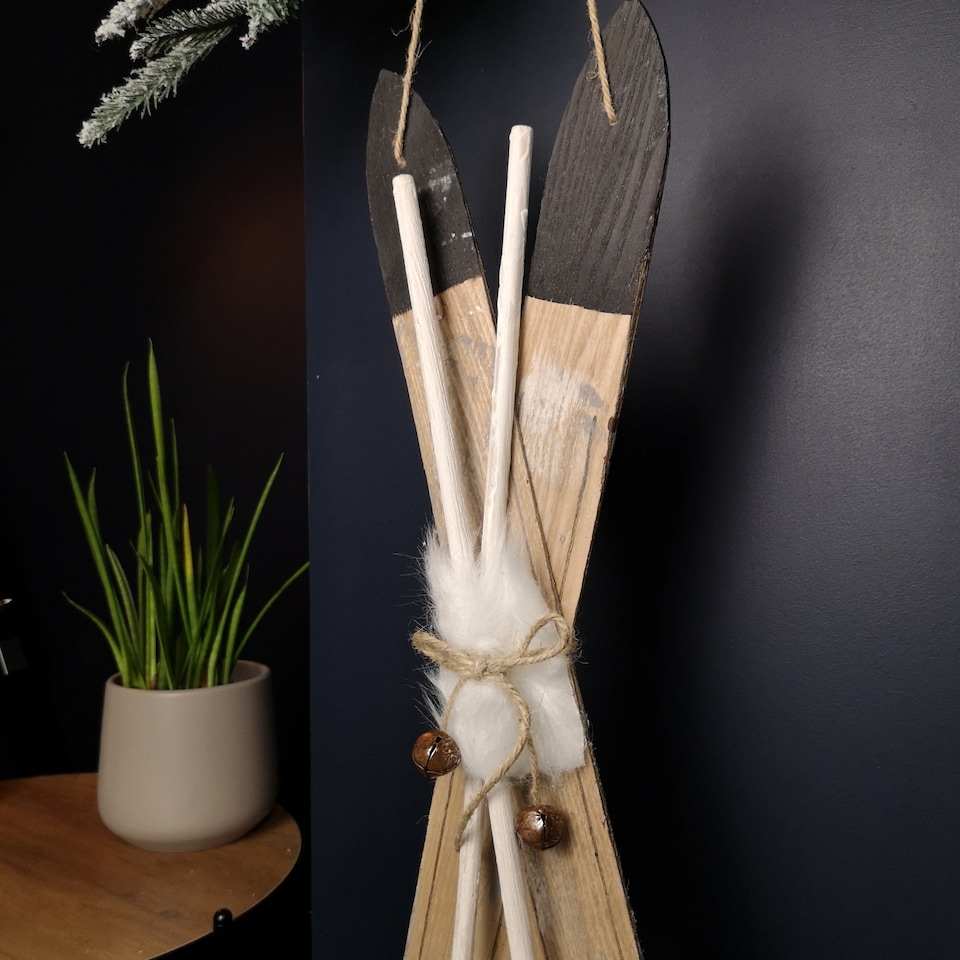 image 1 of 55cm Wooden Skis with Decorative White Fur and Silver Bells Christmas Decoration