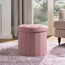 OHS Matte Velvet Soft Round Foldable Footstool Seat Storage Organiser Ottoman | Pink | Blush Pink