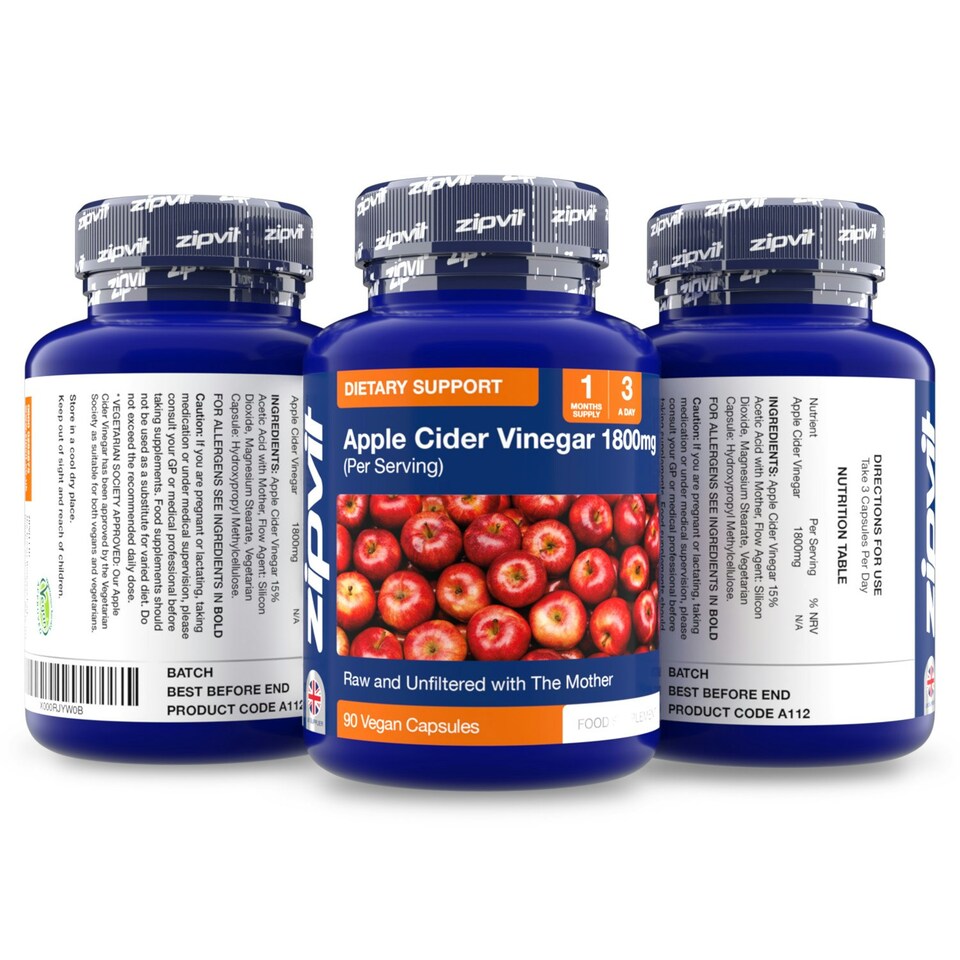 image 1 of Zipvit Apple Cider Vinegar with Mother 1200mg, 90 Vegan Capsules, Raw & Unfiltered ACV, High Strength, No Aftertaste
