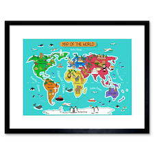 World Map Animals Kids Bedroom 9x7" Black Framed Wall Art Print