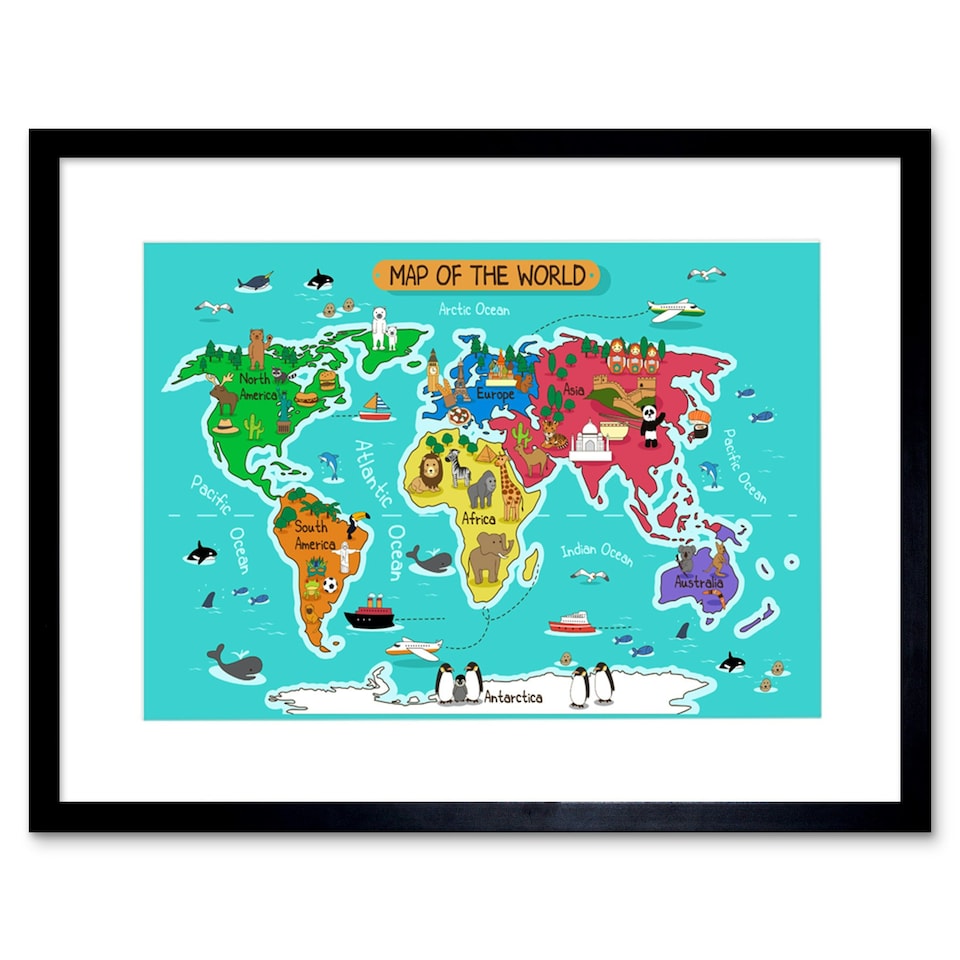 image 1 of World Map Animals Kids Bedroom 9x7" Black Framed Wall Art Print