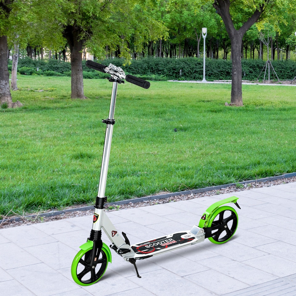 image 1 of HOMCOM Folding Kick Scooter, Adjustable Ride On Scooter with 200mm Big Wheels and Double Shock Absorption, Urban Scooter for 14 older Teens Adult, Green | Green | Green | 94L x 38W x 90-105H cm