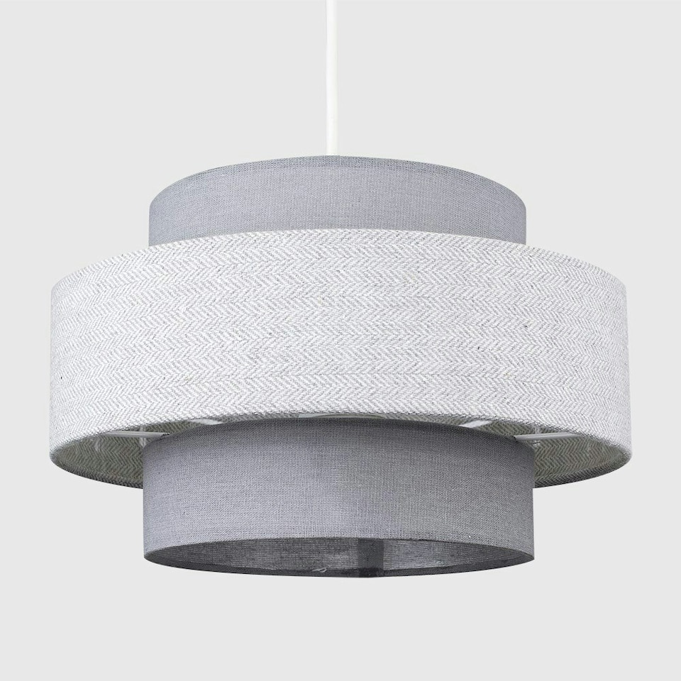image 1 of ValueLights Cylinder Ceiling Pendant Light Shade in a Dark Grey & Light Grey Herringbone Finish - Complete with a 10w LED GLS Bulb 3000K Warm White