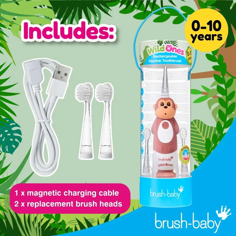image 1 of Brush Baby WildOnes™ Monkey Kids Electric Rechargeable Toothbrush & Applemint Toothpaste set