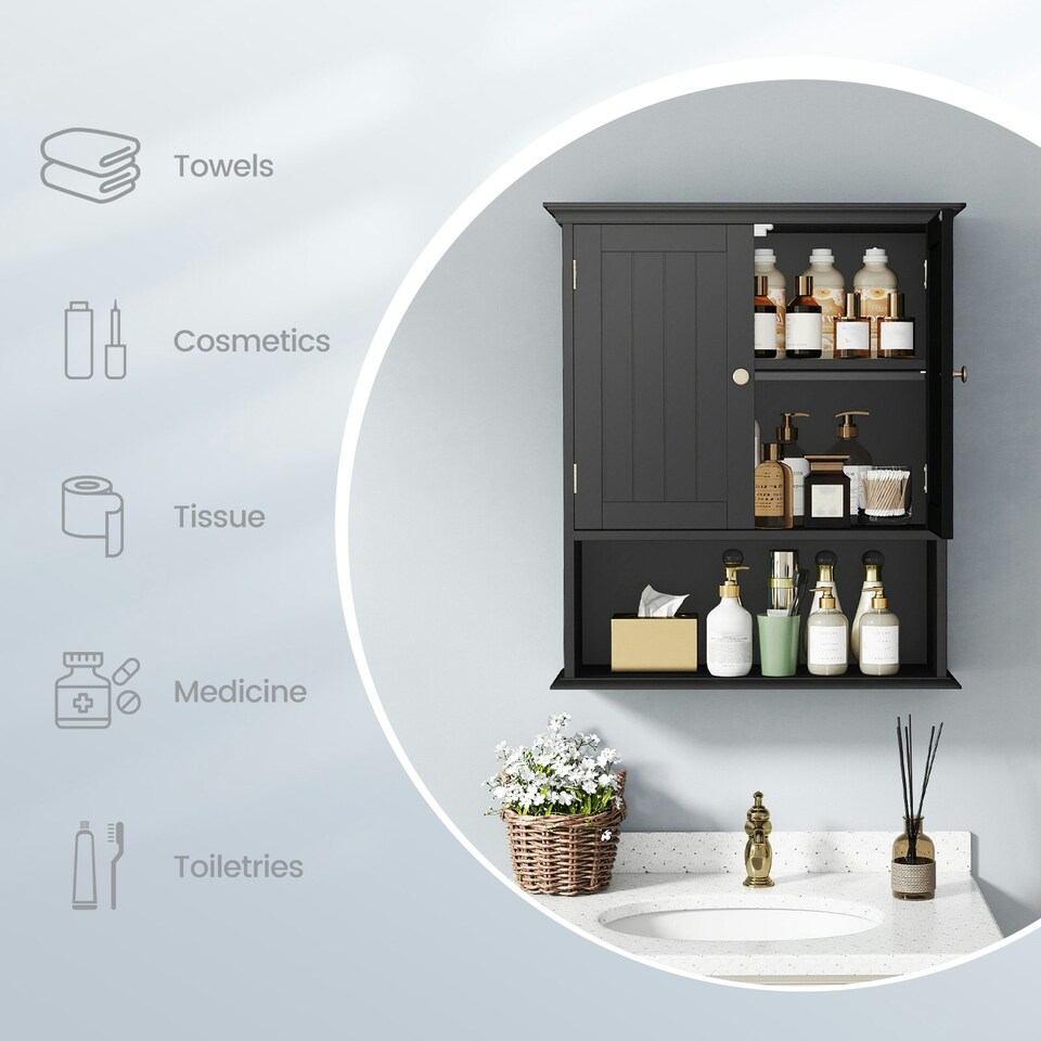 image 1 of COSTWAY Bathroom Wall Mounted Cabinet Wooden Cabinet Black