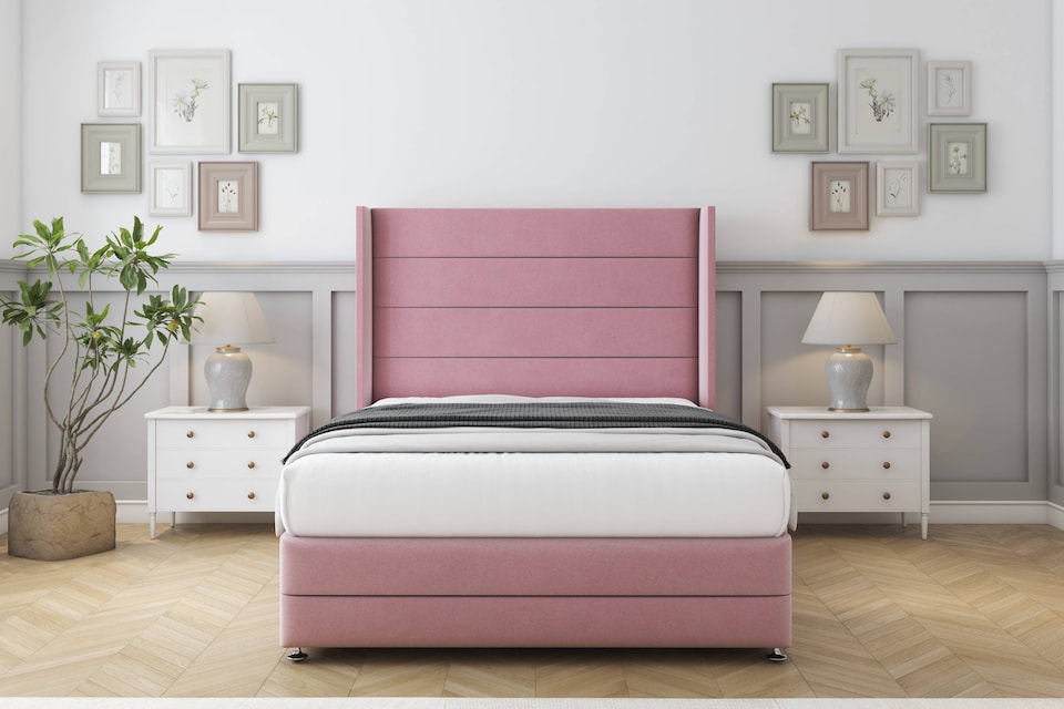 image 1 of Sloomy Sterling Pink Plush Divan Bed Base 2 Drawers Foot-End With 54 Inch Wingback Headboard & 12 Inch Matching Footboard | Pink | Pink | Small Double | 1