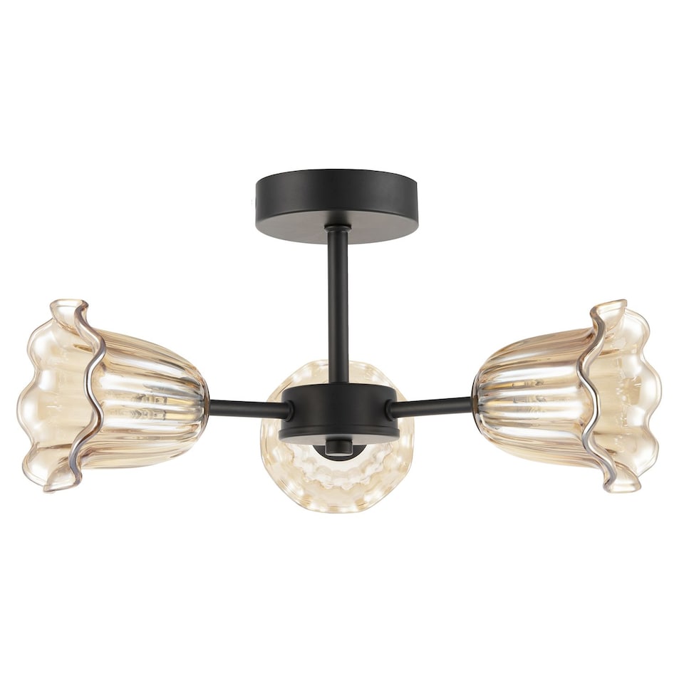 image 1 of Designer Matte Black Ceiling Light with Amber Floral Glass Shades