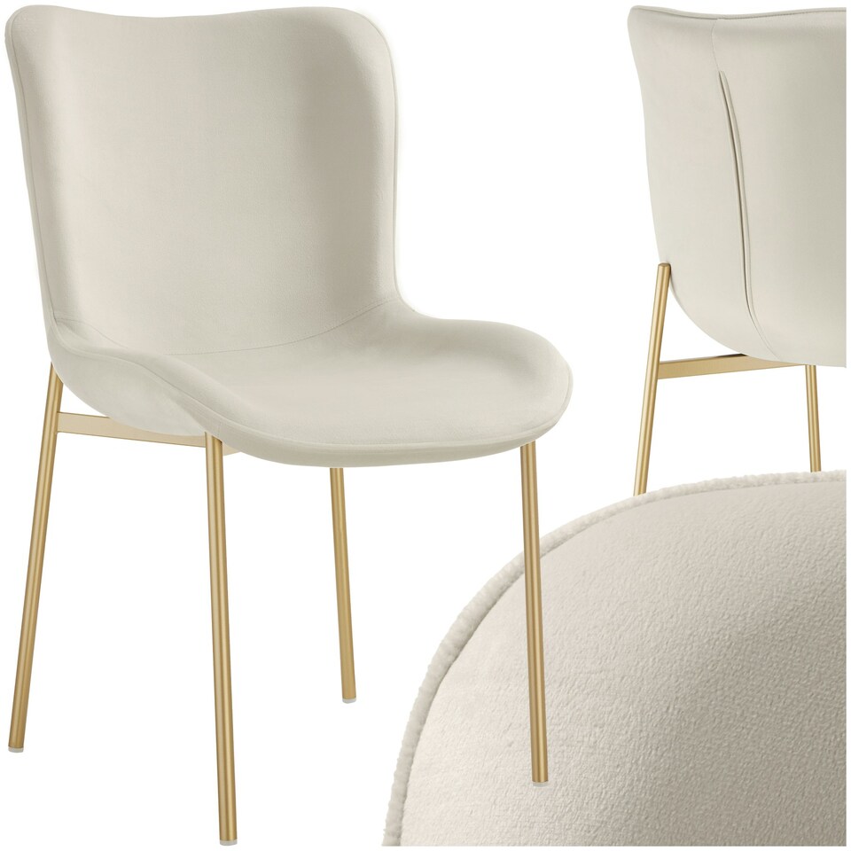 image 1 of Dining Chair Tessa - ergonomic high backrest, slim steel legs, soft fabric - per piece Cream | Velvet Look Beige/Gold