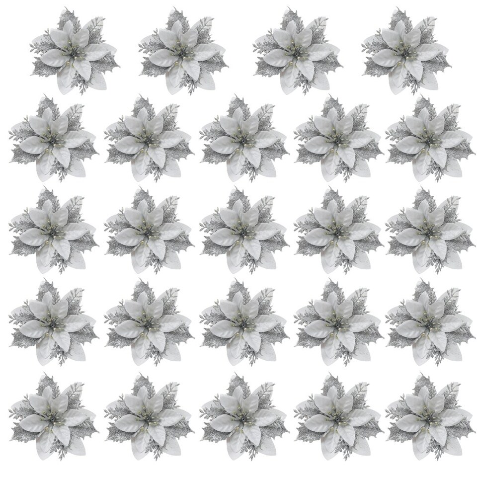 image 1 of Living and Home 24 Pcs Artificial Poinsettia Flowers Christmas Tree Ornament Set- Silver
