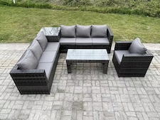 Fimous 7 Seater Rattan Corner Sofa Set With Square Side Table And Oblong Rectangular Coffee Tea Table Arm Chair Dark Grey Mixed