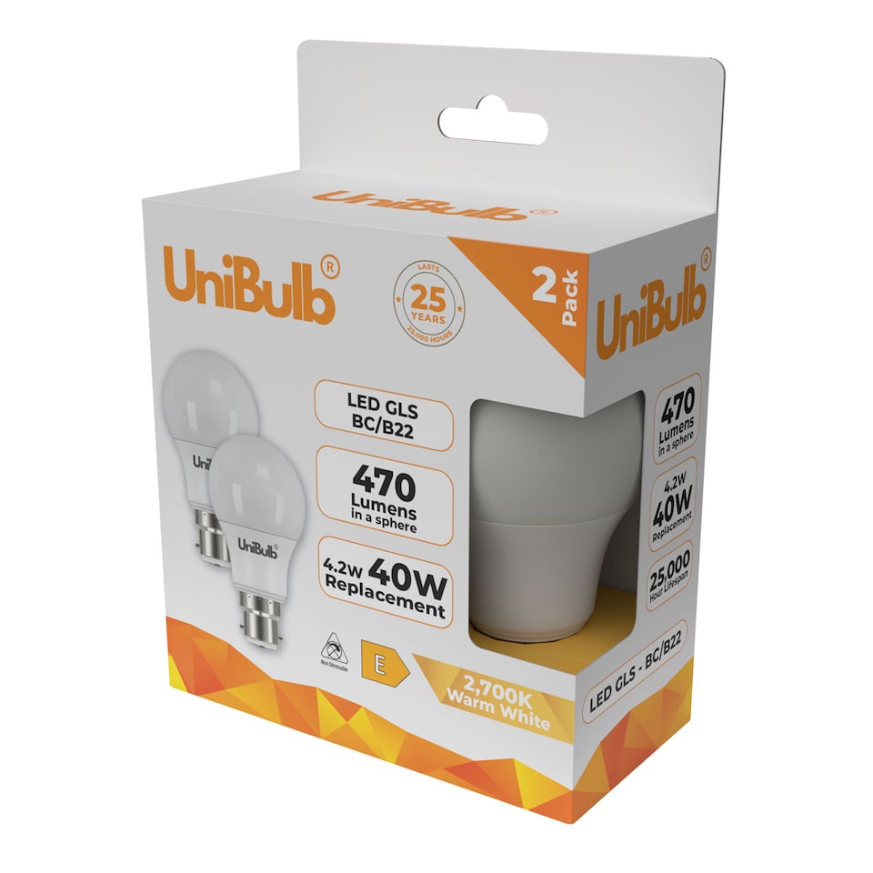 image 1 of UniBulb LED GLS B22 470lm 4.2W 2700K (Warm White) Light Bulb - Pack of 2 | White | Warm White | 2