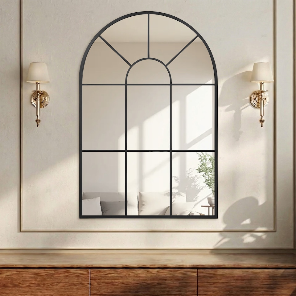 image 1 of HOMCOM Modern Arched Window Wall Mirror for Living Room Bedroom, 91x60cm, Black | Black