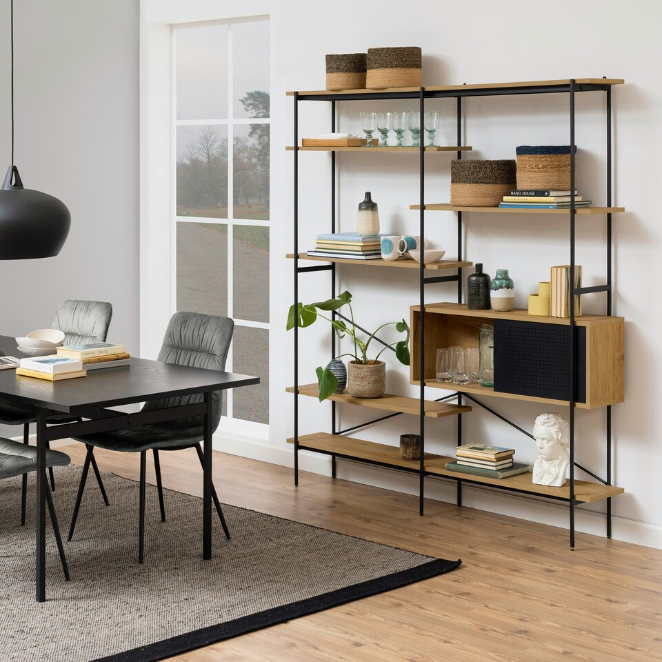 image 1 of Angus Bookcase with 1 Sliding Door & 5 Shelves in Oak & Black