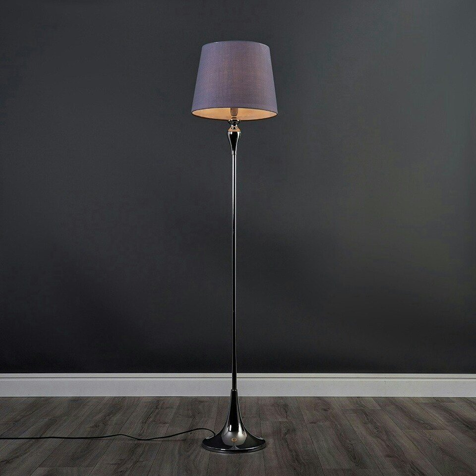 image 1 of ValueLights Faulkner Polished Silver Floor Lamp with Medium Grey Tapered Shade and E27 GLS LED 10W Warm White 3000K Bulb