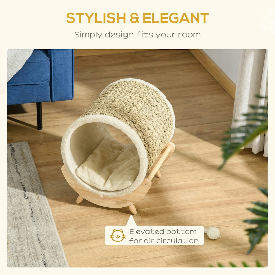 image 1 of PawHut Raised Kitten Bed Pet Shelter w/ Scratcher Cushion, Beige 41 x 38 x 43 cm