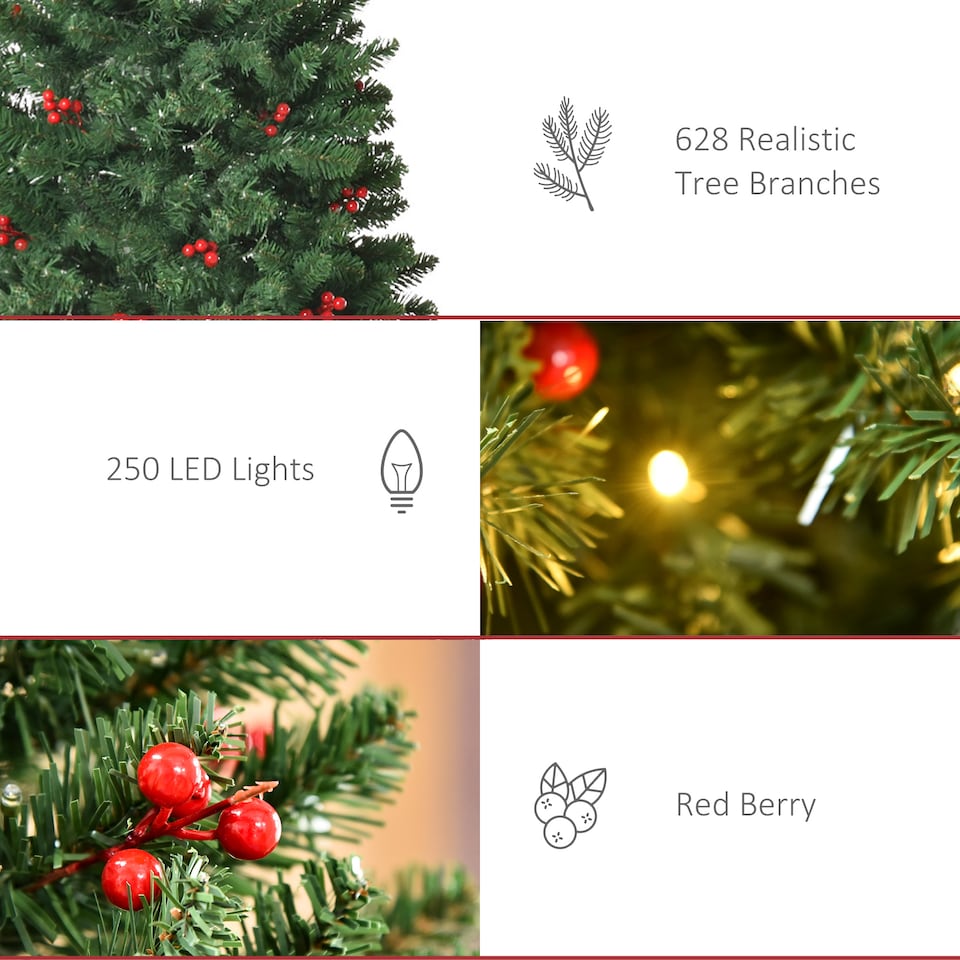 image 1 of HOMCOM 6FT Prelit Pencil Christmas Tree w/ LED Light, Berry, Xmas Decoration