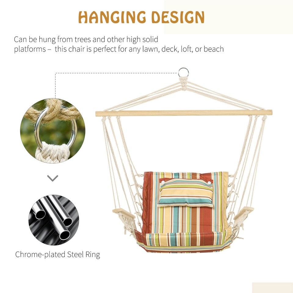 image 1 of Outsunny Hanging Hammock Swing Chair Safe Wide Seat Indoor Outdoor Stripe