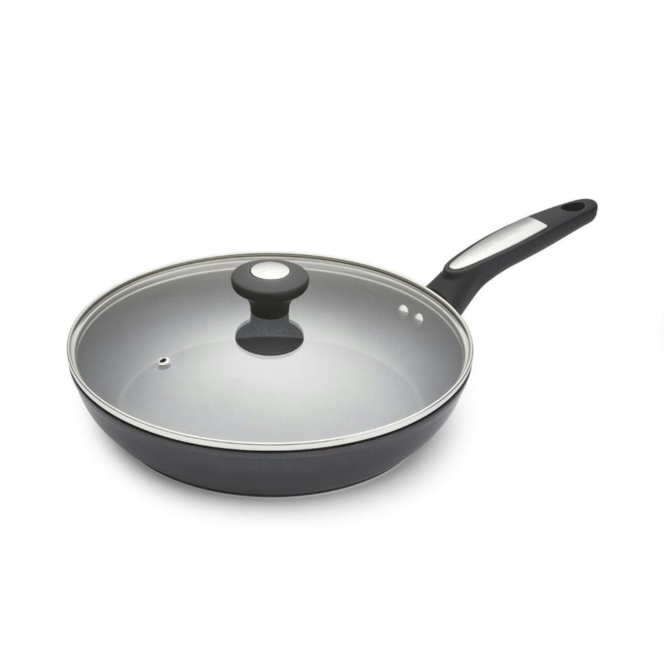 image 1 of Morphy Richards 28cm Forged Aluminium Lidded Frying Pan - Black