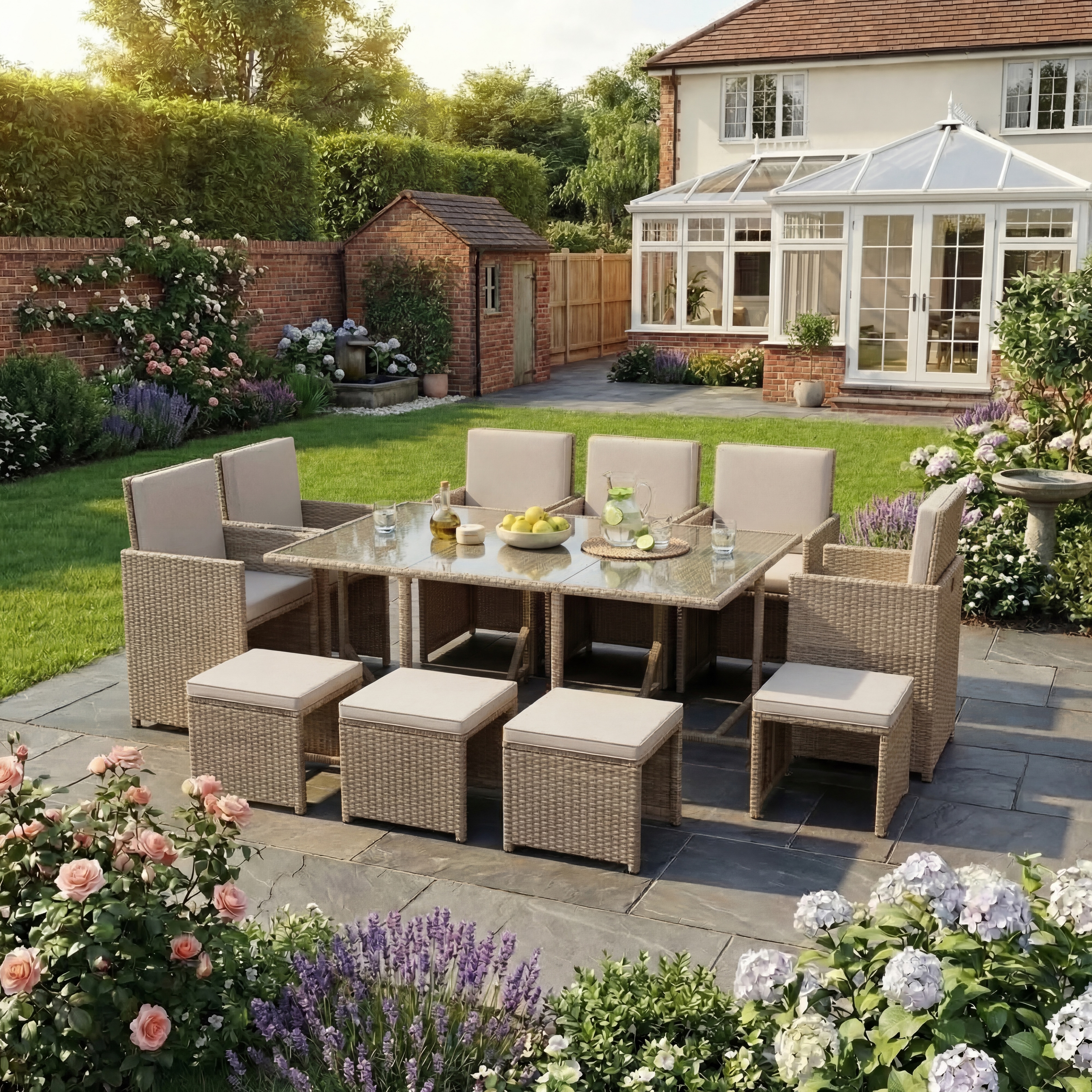 Garden Vida Cuba 10 Seater Rattan Set Folding Chair Stool Dining Table Outdoor Garden Furniture, Natural