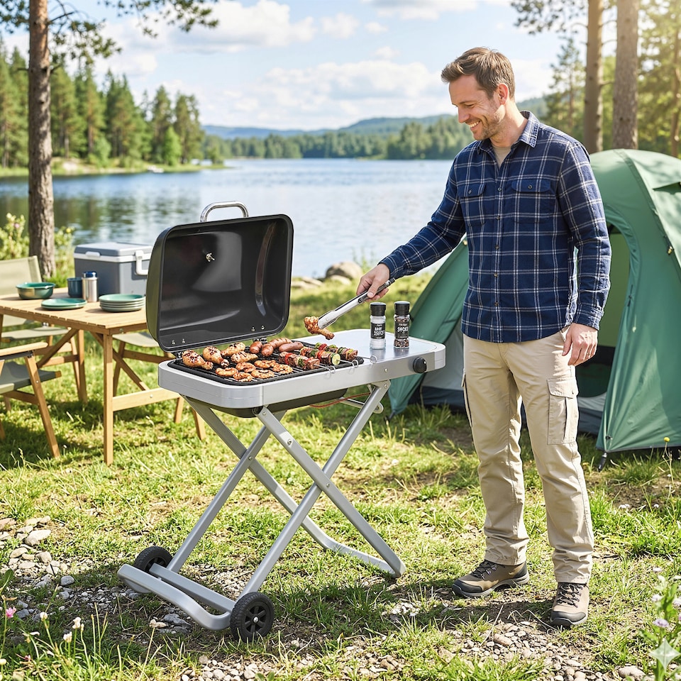 image 1 of Outsunny Foldable Gas BBQ Barbecue Grill with Side Table, 2.5 kW, Black | Black | Black | 109 x 55 x 89 cm