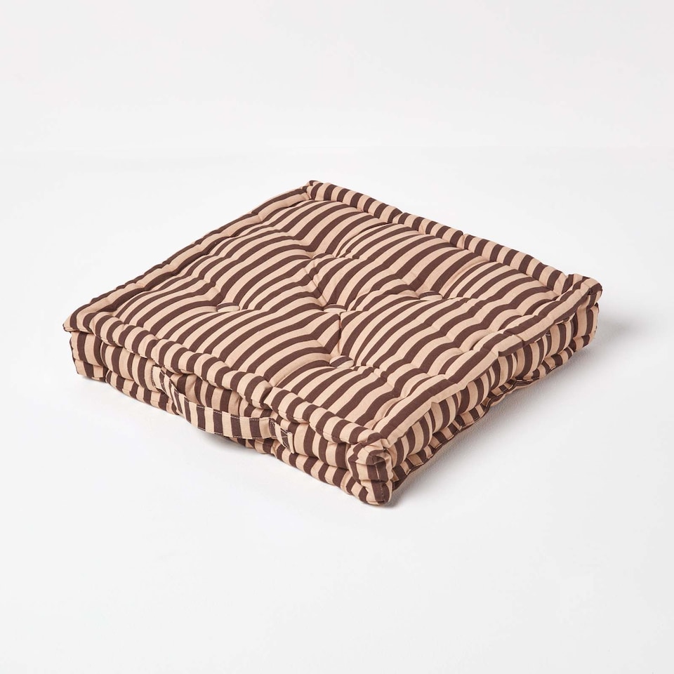 image 1 of Homescapes Cotton Brown and Beige Thin Stripe Floor Cushion - 50 x 50 cm | Cream | Beige | 50 x 50 cm