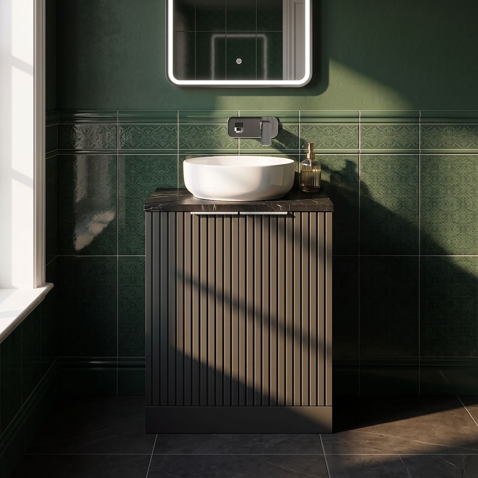 image 1 of Balterley Callingwood Contemporary Floor Standing 2 Door Vanity Unit with Black Pietra Marble Laminate Worktop , 600mm, Dark Grey