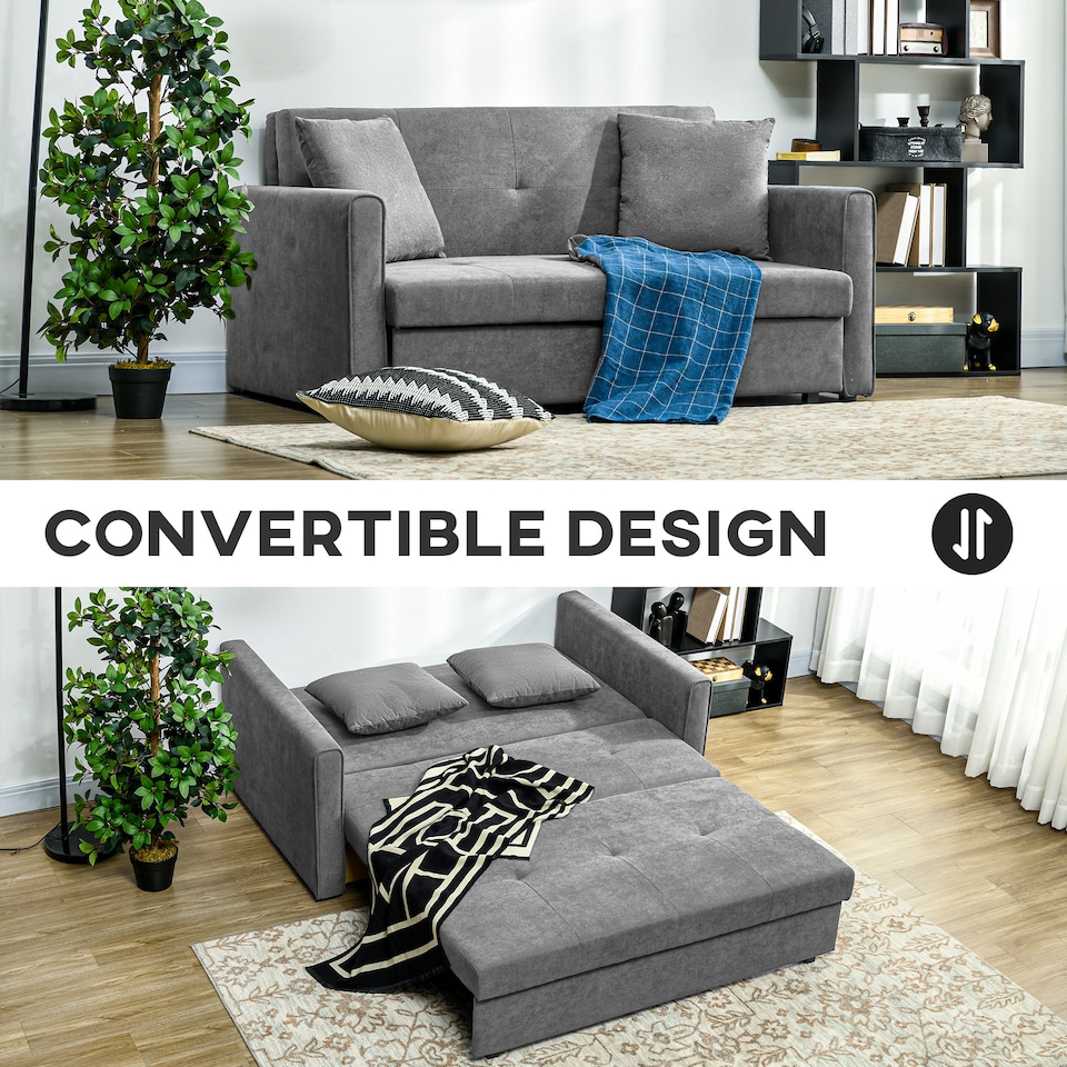 image 1 of HOMCOM 2 Seater Sofa Bed with Hidden Storage, Pull Out Convertible Bed Settee, Modern Snow Flannel Loveseat Sofa Sleeper with 2 Cushions for Living Room, Guest Room, Grey
