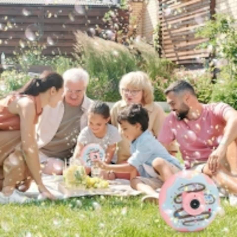 image 1 of Donut Bubble Camera for Kids - Automatic Bubble Gun with Lights and Music – Fun Outdoor Bubble Machine for Birthdays and Parties (Blue/Pink)