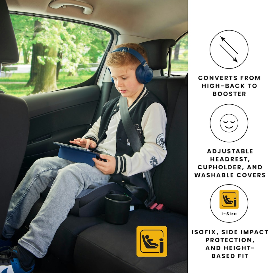 image 1 of Oracle i-Size ISOFIX Booster Seat for Car, 100-150cm (Group 2/3, Approx. 4-12 Years), Convertible High Back to Backless, Enhanced Safety & Comfort (Dark Grey)