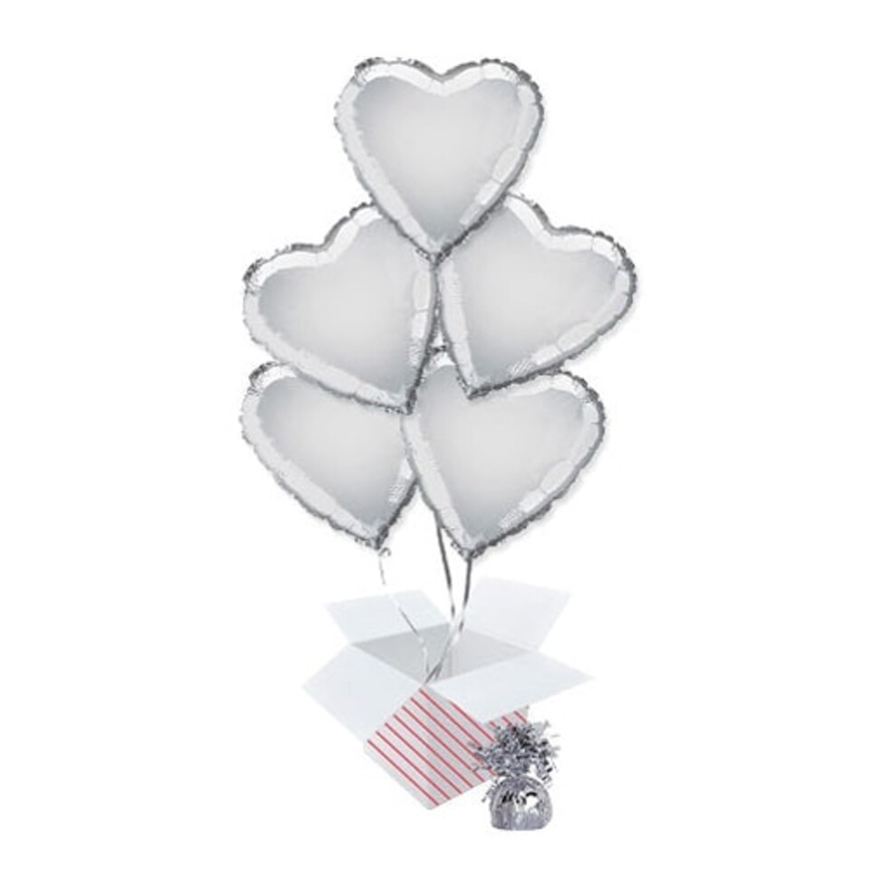 Silver Heart Foil Helium Balloon Bouquet - 5 Inflated Balloons In A Box