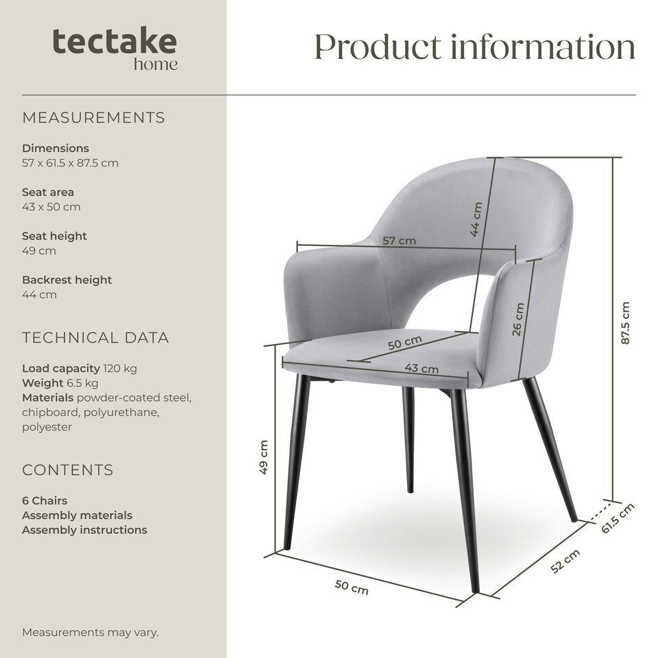 image 1 of Dining Chair Sasha- padded armchair in velvet look, continuous backrest - Set of 6 Grey | Light Grey
