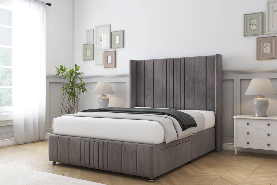 image 1 of Sloomy Hargrave Slate Naples Divan Bed With Mattress No Drawers With 54" Wingback Headboard & 12" Matching Footboard 4' Small Double | Grey | Slate | Small Double | 1