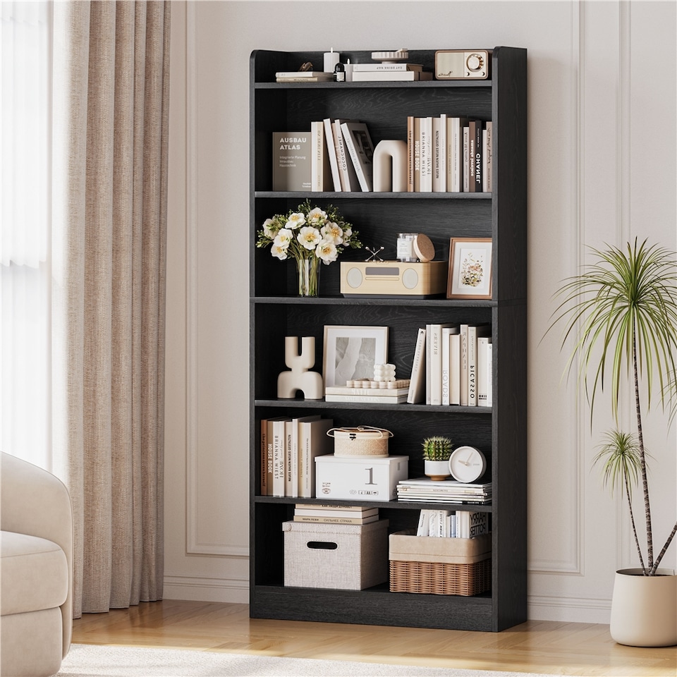 image 1 of Yaheetech 6-Layer Open Bookshelf with Top Open Compartment-Black