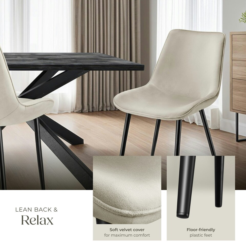 image 1 of Dining Chair Monroe - padded, velvet look, ergonomic seat, black steel legs - Set of 4 Cream