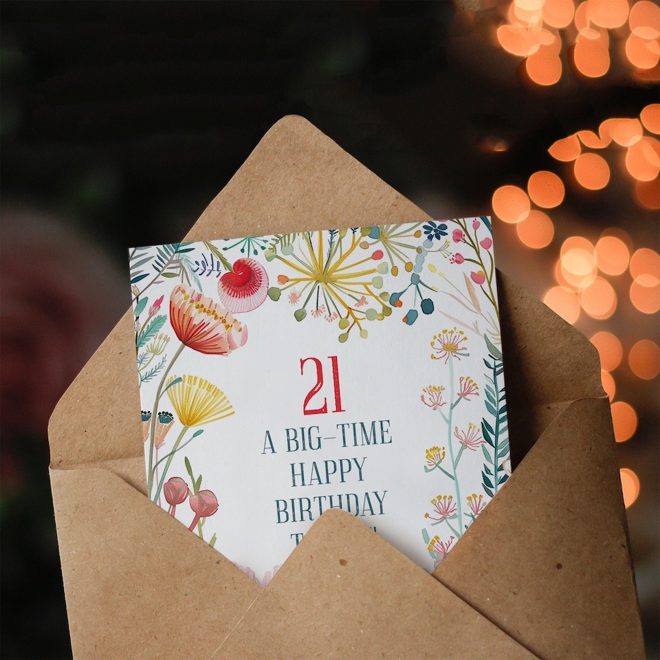 image 1 of Greeting Card 21 Year Old Big Time Milestone Floral Flowers Birthday