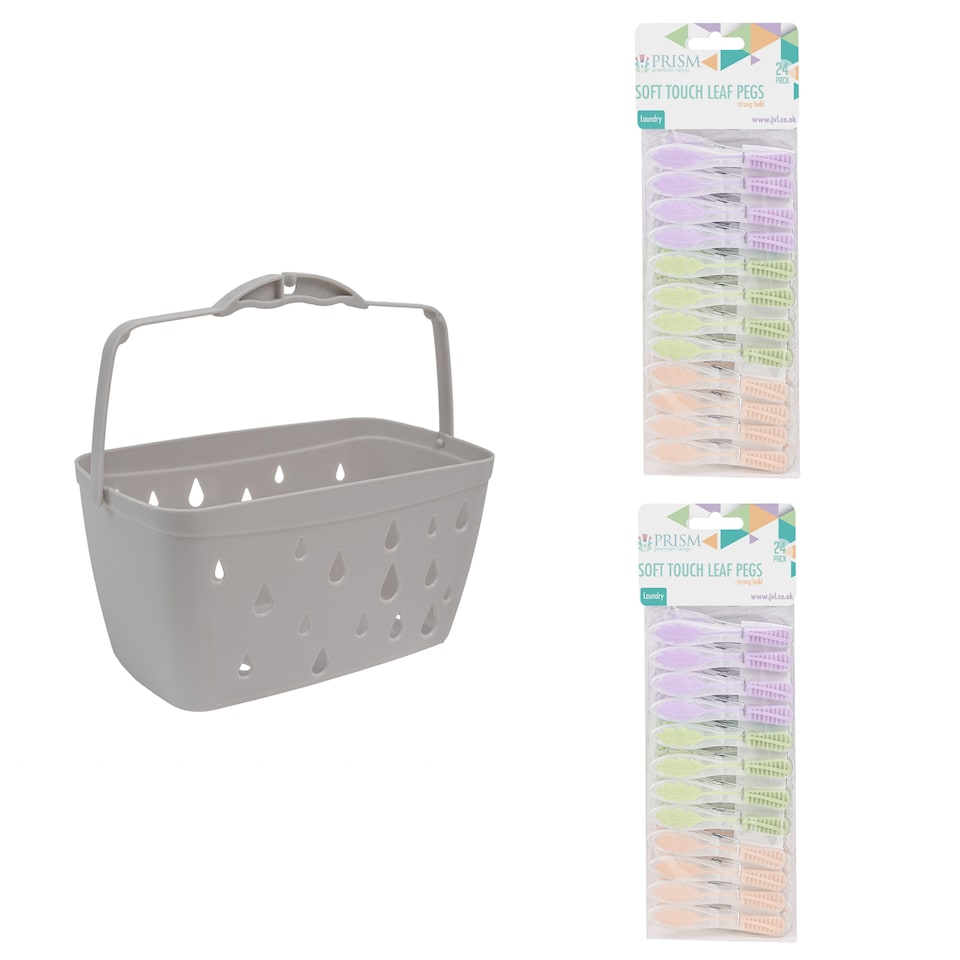 image 1 of JVL Grey Peg Basket with 48 Soft Touch Leaf Clothes Pegs,  Assorted Colours
