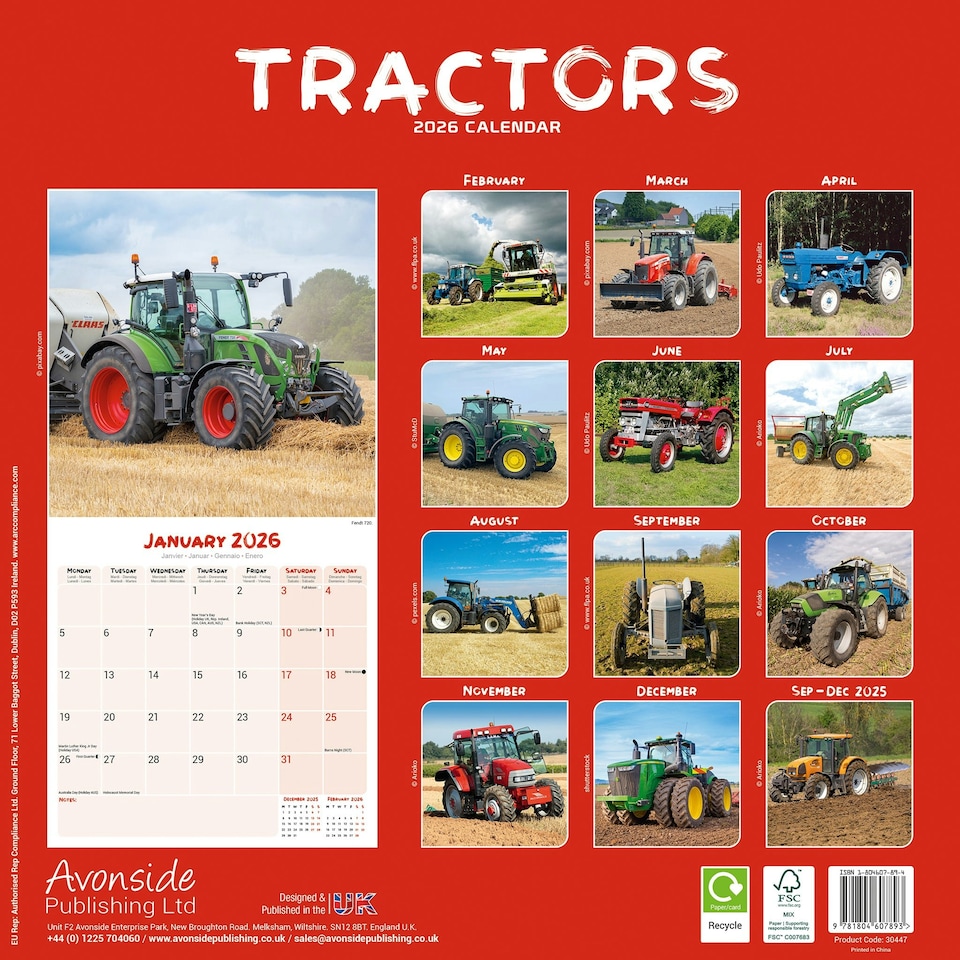image 1 of Tractors 2026 Calendar | Square Wall Calendar | Transport, Farm Gift | Plastic Free Packaging | by Avonside Publishing