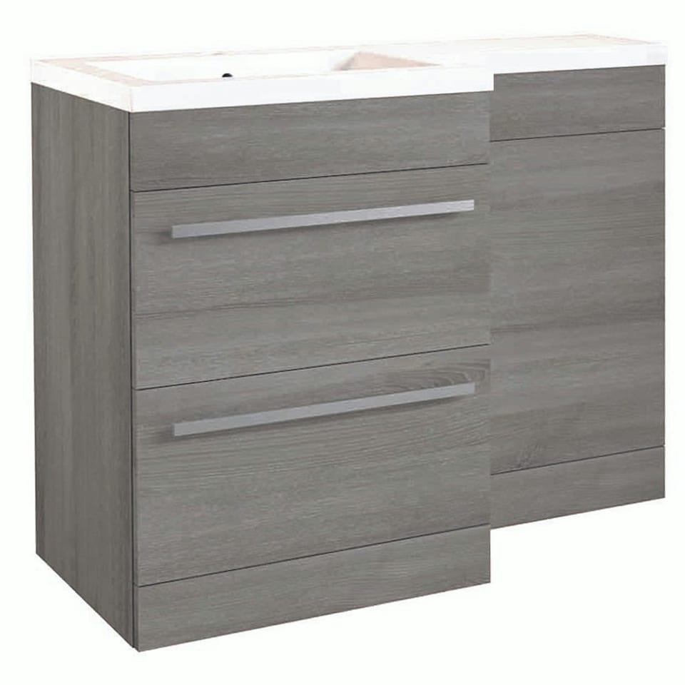 image 1 of Bathroom Left Handed 2 Drawer Combination Unit with L Shape Basin 1100mm Wide (Nexus) - Silver Oak - Brassware Not Included | Brown | Brown | 1