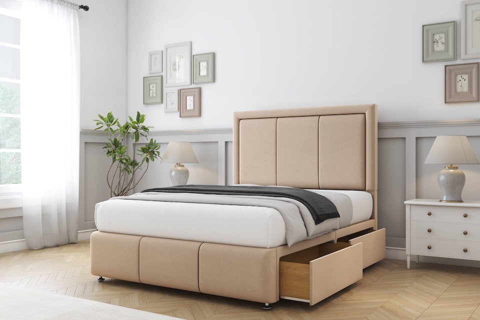 image 1 of Sloomy Lancaster Pebble Plush Divan Bed With Mattress 2 Drawers Right Side With 26" Strutted Headboard & 12" Matching Footboard 6' Super King | Brown | Pebble | Super King | 1