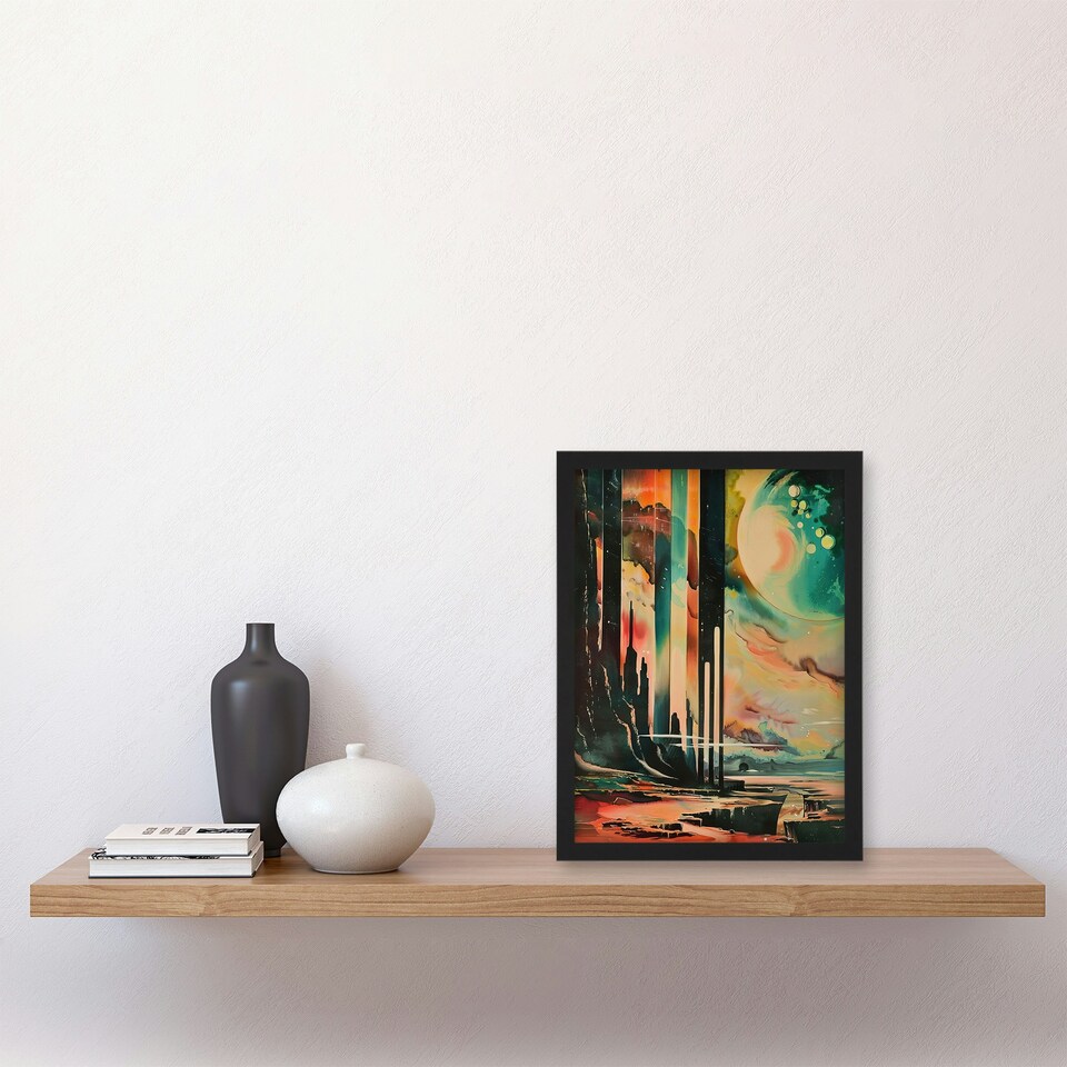 image 1 of Retro Sci-Fi Cliff By Moon Galaxy Fantasy Black Framed Wall Art Print A4