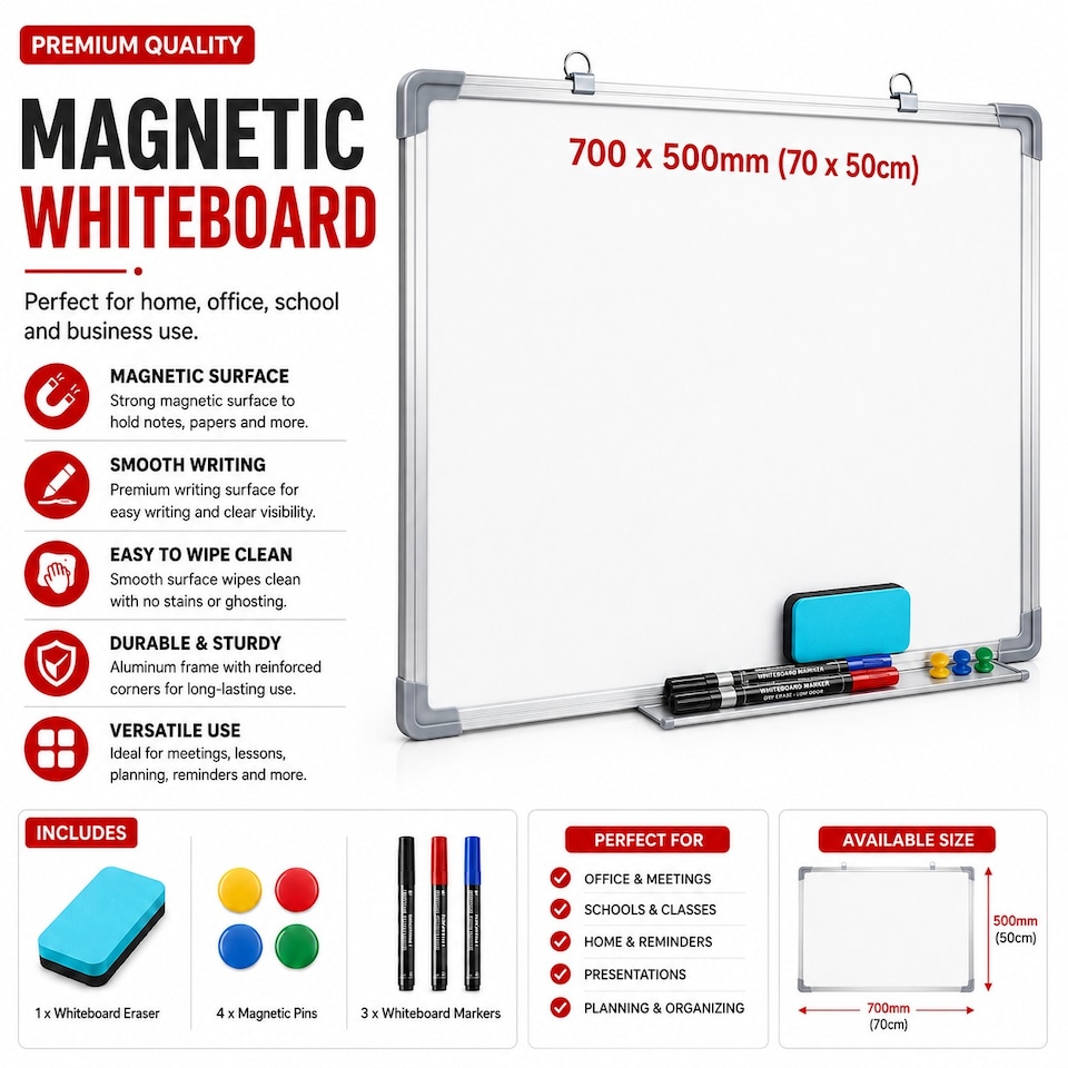 image 1 of Magnetic Whiteboard 700 X 500mm Aluminum Frame Lightweight Hanging Dry Wipe Erase White Board Office, School & Home Writing Boards