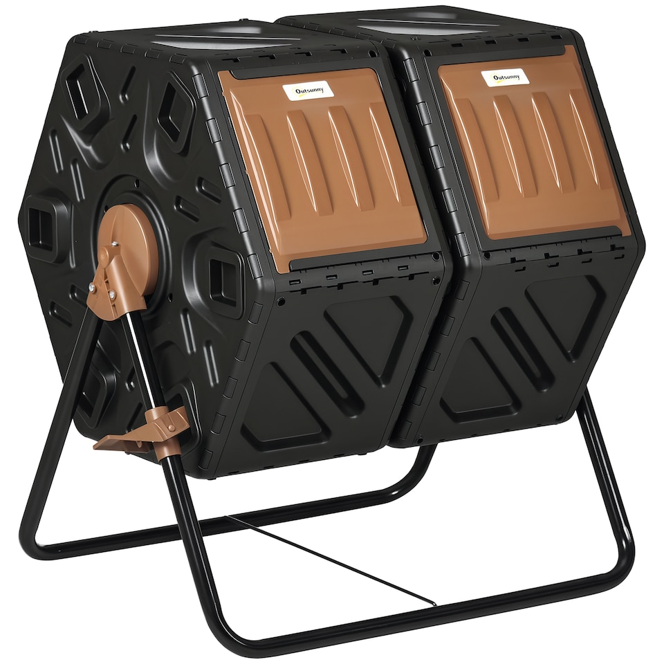 image 1 of Outsunny 130L Compost Bin Dual Chamber Rotating Composter w Ventilation Holes | Brown | Dark Brown and Black