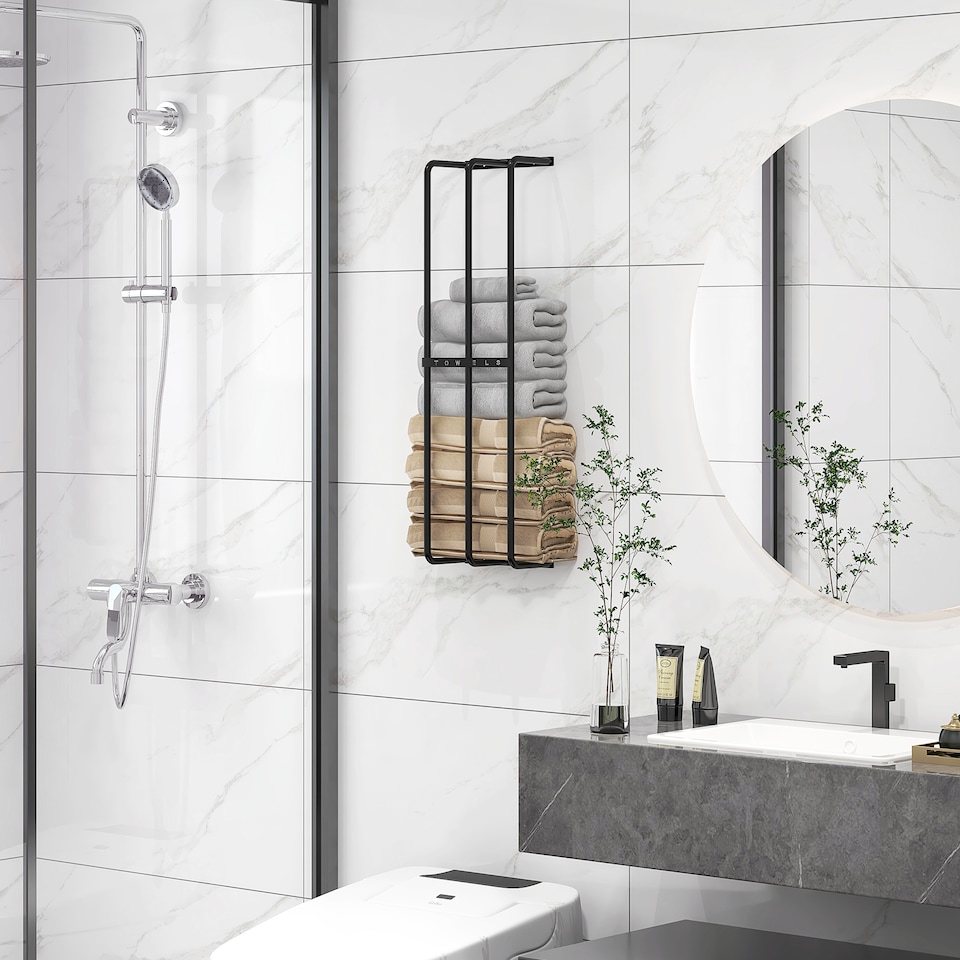 image 1 of HOMCOM Towel Rack Wall Mounted, Metal Towel Rail Holds Up to 6 Large Size (150 x 100cm) Rolled Towels, 3 Bar Towel Storage for Bathroom, 21 x 12 x 74cm, Black