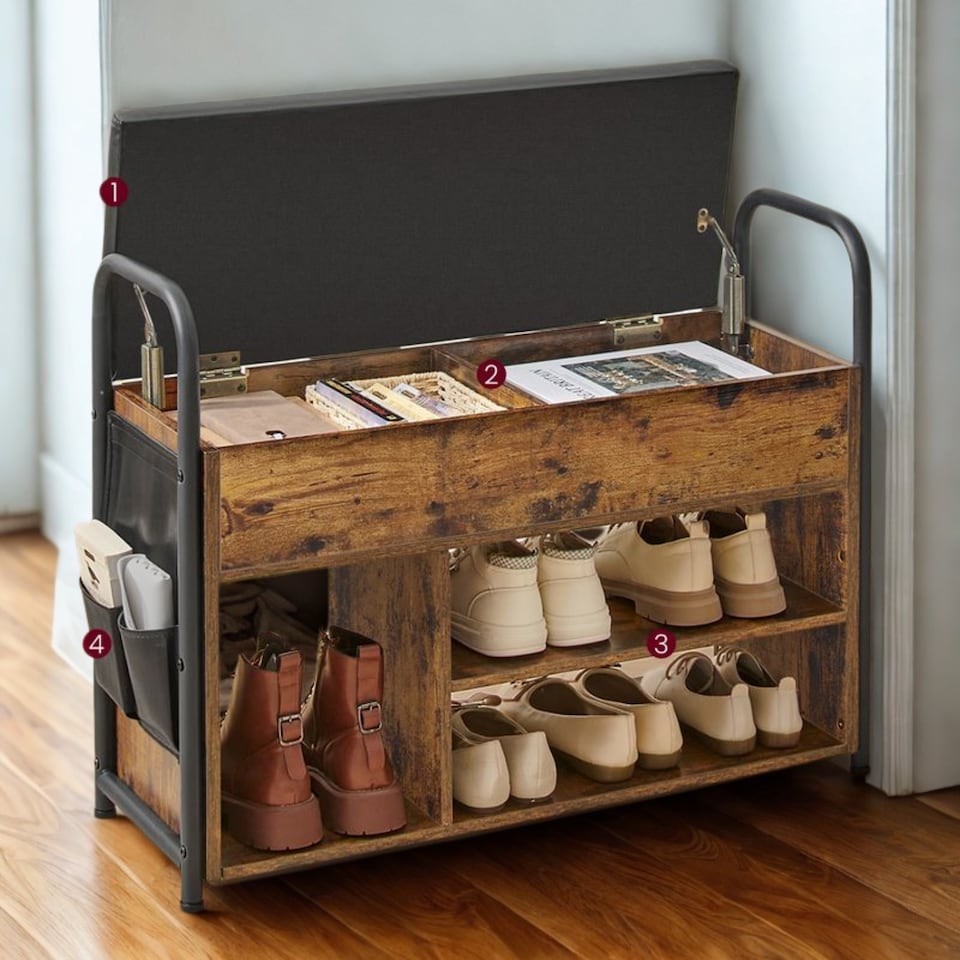 image 1 of Shoe Storage Bench With Cushioned Seat and Open Shelves