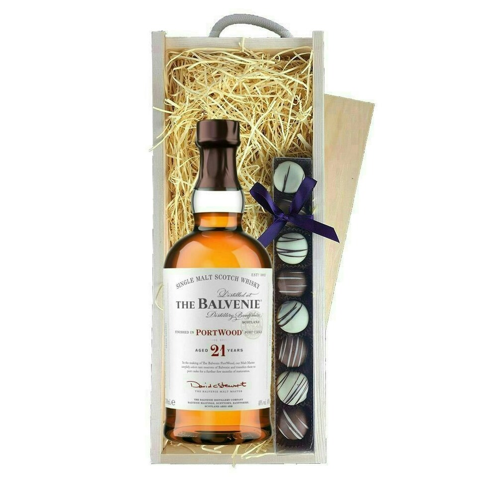 image 1 of Balvenie 21 Year Old PortWood Finish Whisky & Truffles, Wooden Box 70cl 40% abv