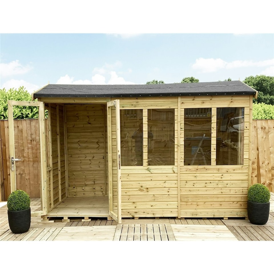 image 1 of 9 x 12 REVERSE Pressure Treated Tongue & Groove Apex Summerhouse + LONG WINDOWS (9' x 12' / 9ft x 12ft) (9x12)