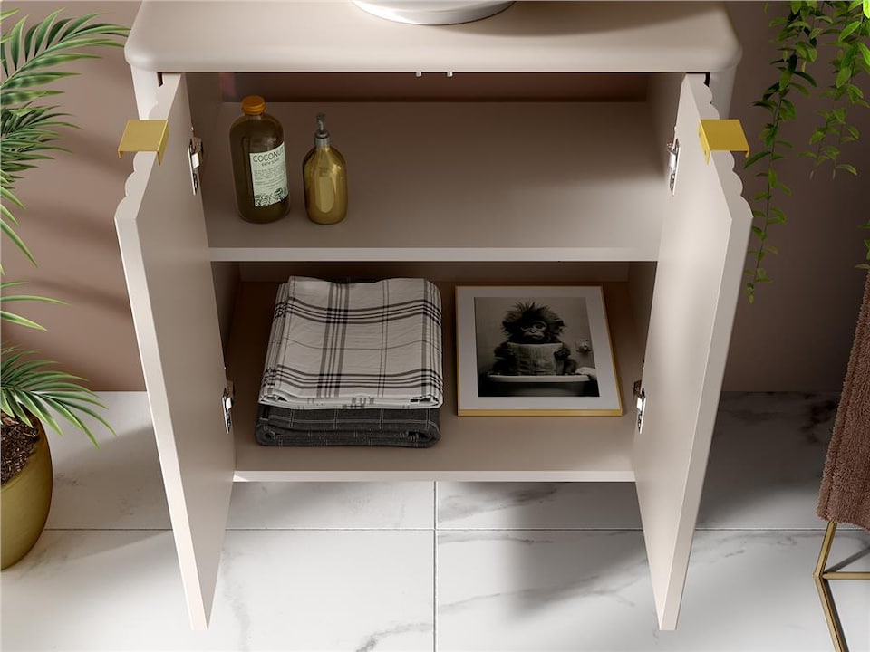 image 1 of Under Sink Bathroom Cabinet Beige Vanity Unit 600mm Worktop Fluted Ribbed Oren