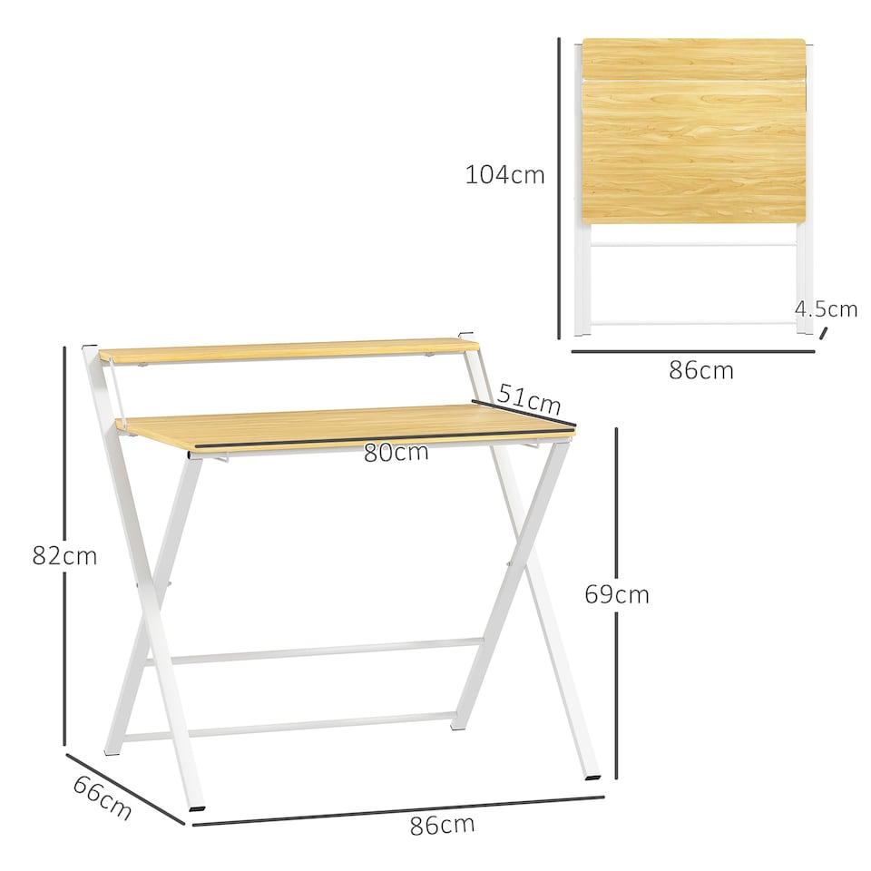 image 1 of HOMCOM Folding Desk with 2-Tier Shelf for Home Office, Maple Wood-effect