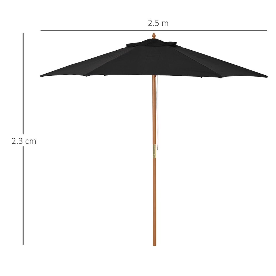 image 1 of Outsunny 2.5m Wood Garden Parasol Sun Shade Patio Outdoor Wooden Umbrella Canopy, Table Market Umbrella with Vent, 38mm Pole, Rope Pulley Mechanism, Black